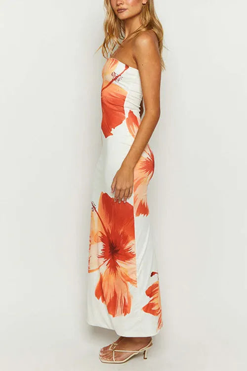 Strapless Tube Floral Print Maxi Vacation Dress