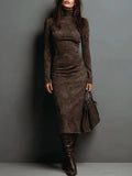 Women's Suede Maxi Dress with Lace Slit and Asymmetrical Hem