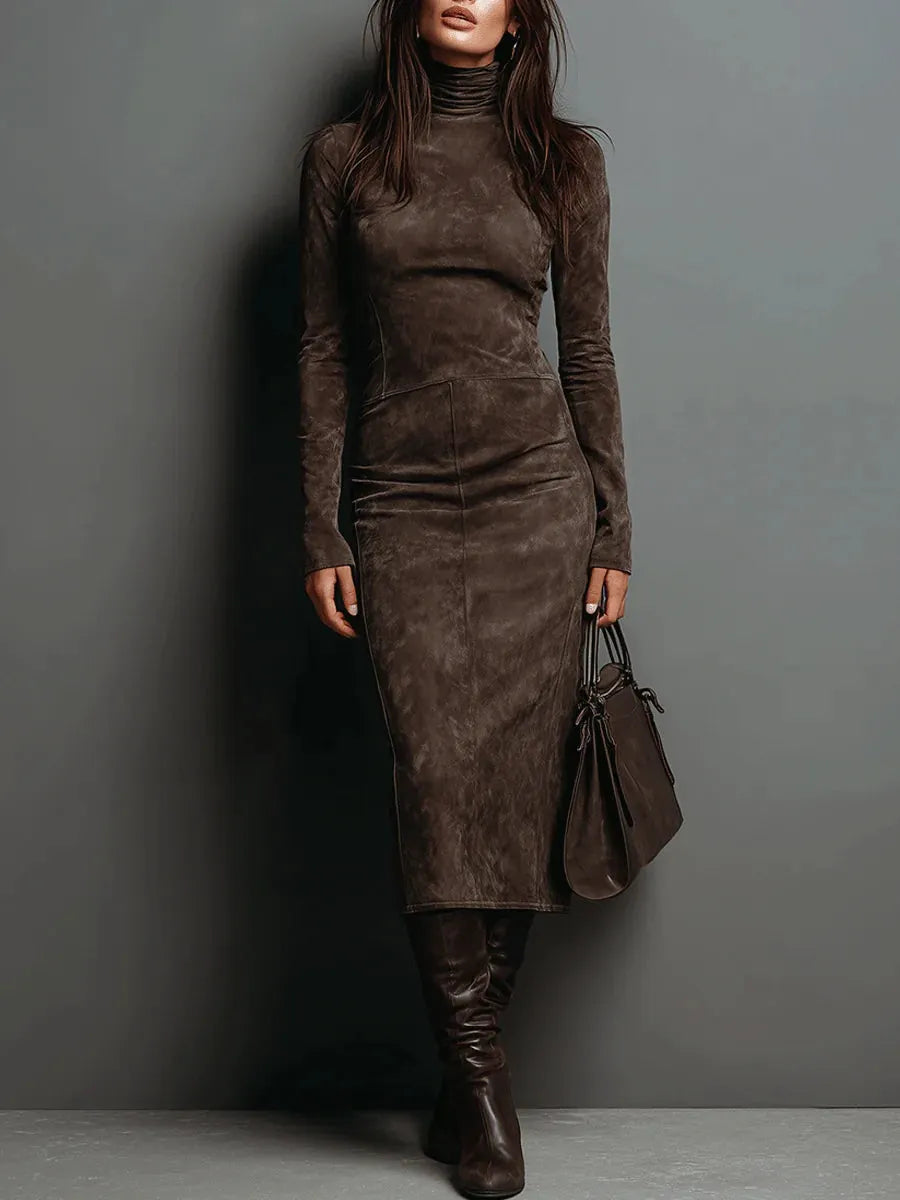 Women's Suede Maxi Dress with Lace Slit and Asymmetrical Hem