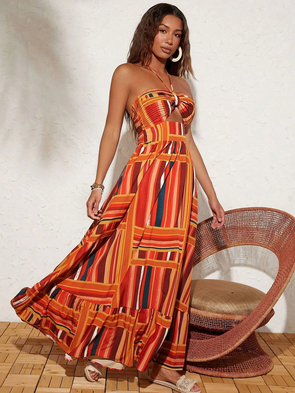 Vestido Longo Isadora Listrado Laranja