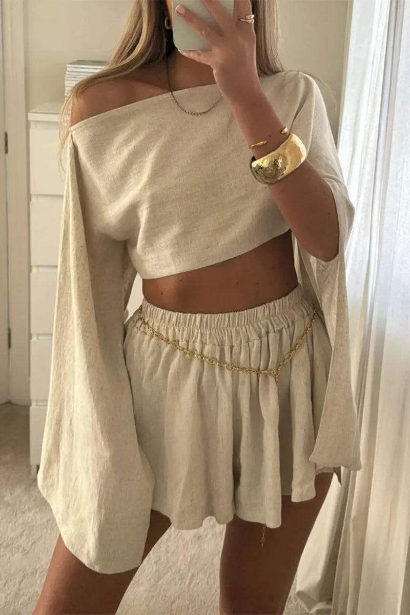 Casual Solid Fold Oblique Collar Long Sleeve Two Pieces(No waistband)