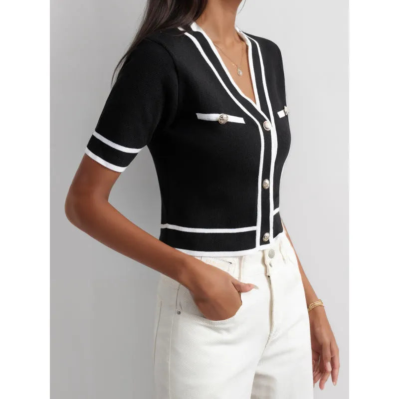 Short-sleeved V-neck blouse
