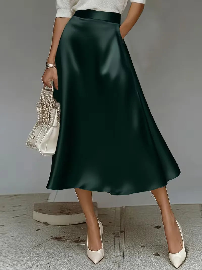 Satin Skirt for Women with High Waist and Midi Length