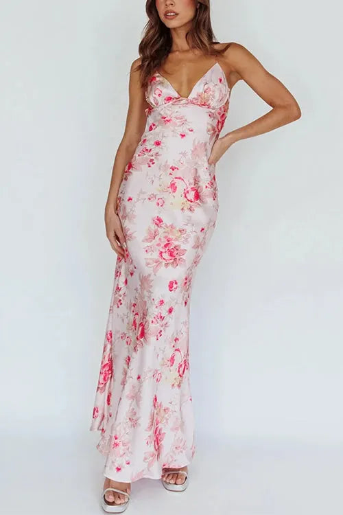 V Neck Open Back Floral Print Satin Maxi Cami Dress