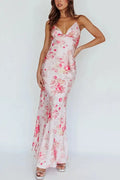 V Neck Open Back Floral Print Satin Maxi Cami Dress