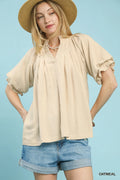Umgee Linen V-Neck Flutter Sleeve Top