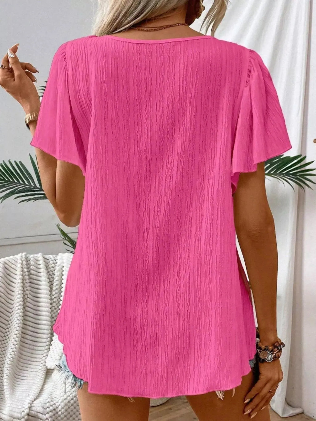 Embroidered Square Neck Flutter Sleeve Blouse