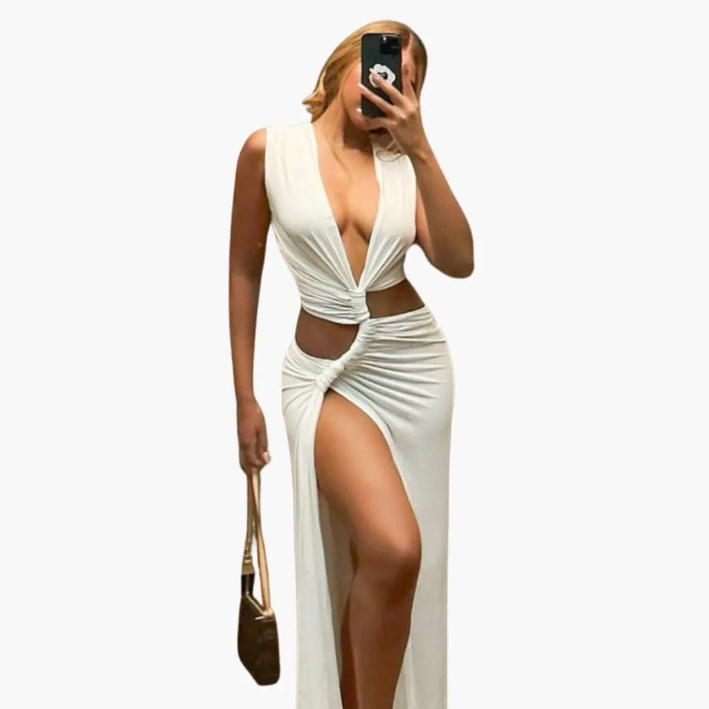 Women's High-Slit Maxi Dress with V-Neck and Cut-Out Detail