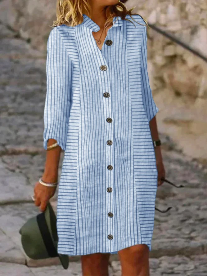 Casual Multicolor Stripe Print Shirt Dress