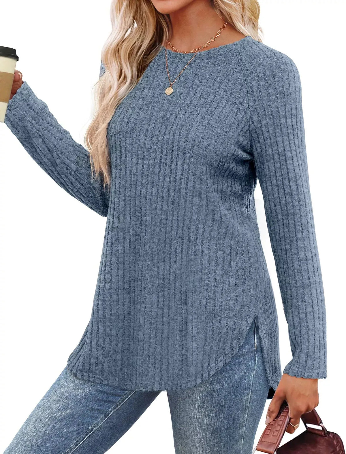 Casual Ribbed Knit Long Sleeve T-Shirt