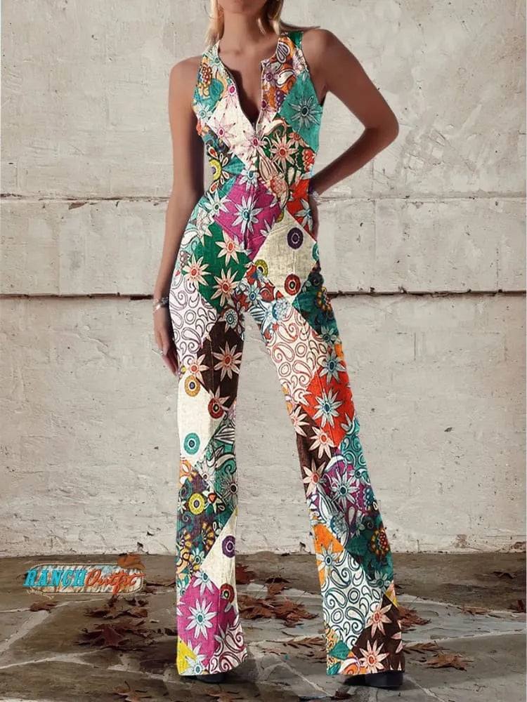 Floral Gespalten Denim Jumpsuit