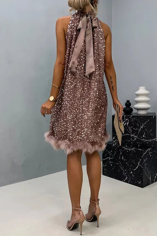 Halter Sleeveless Feather Hem Sequin Dress