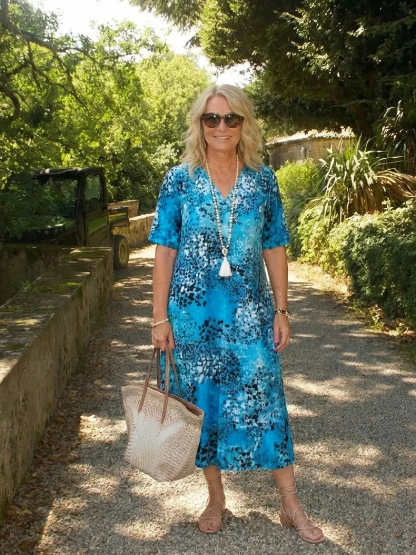 Althea | Short Sleeve V Neck Printed Midi Dress