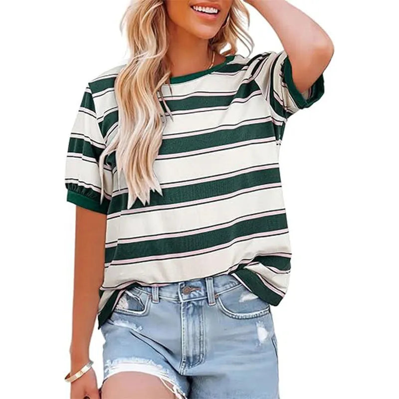 Damen lÃ¤ssiges Streifen T-Shirt mit Kurzarm und Rundhalsausschnitt