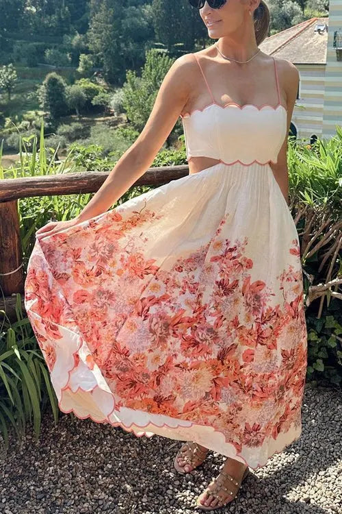 Back Lace-up Cut Out Floral Print A-line Maxi Cami Dress
