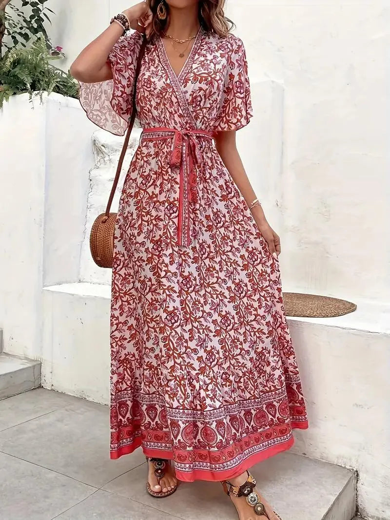 Fließendes Blumen-Maxikleid mit V-Ausschnitt & Bindegürtel