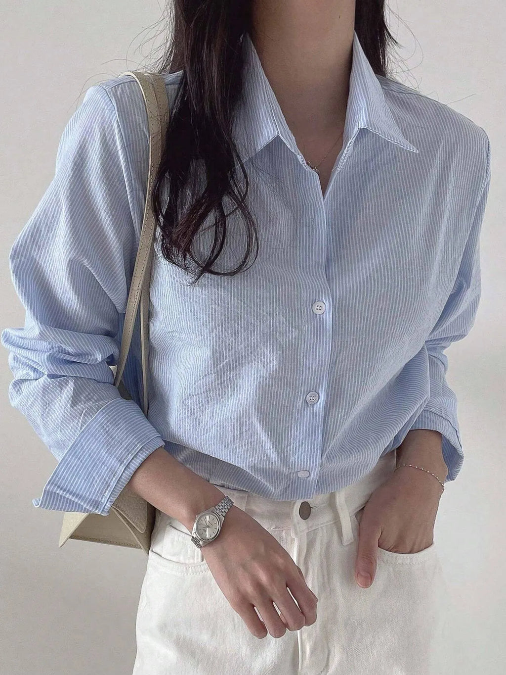 Blusa Feminina Manga Longa Modelo Camisa Azul