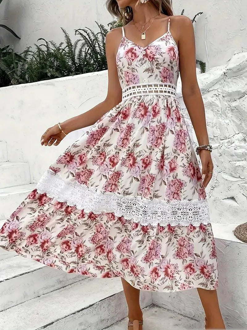 Geblümtes Midi-Kleid mit Spitze