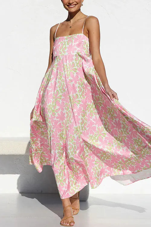 Spaghetti Strap Empire Waist Floral Print Swing Maxi Dress