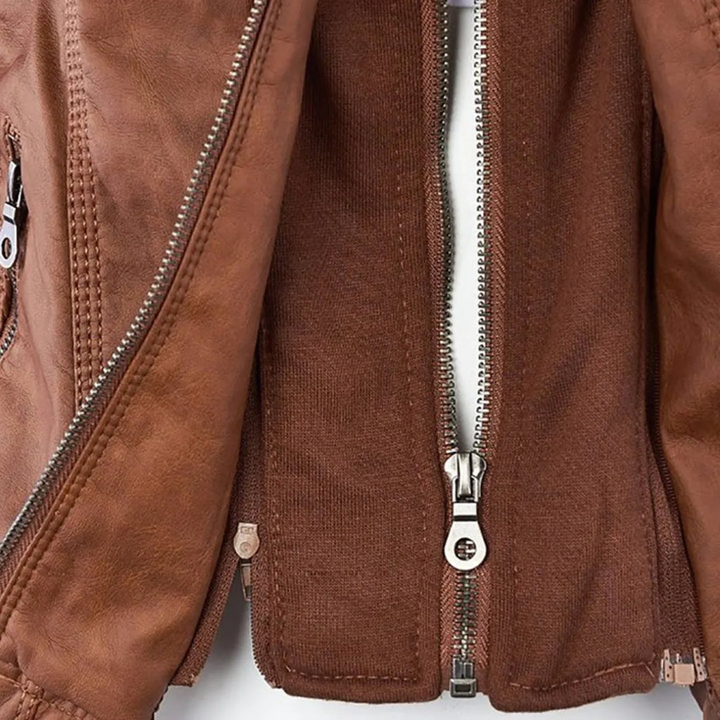 - Damen Lederjacke mit Kapuze