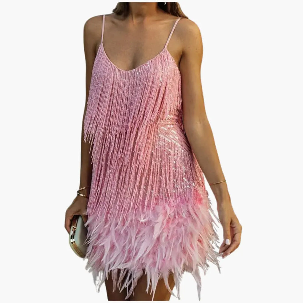 Womenâ€™s mini dress with spaghetti straps and fringe detailing