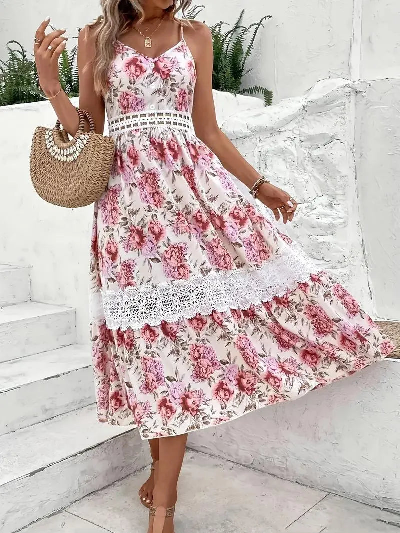 Geblümtes Midi-Kleid mit Spitze