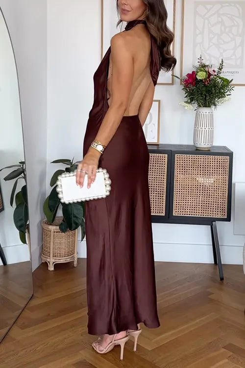 Halter Backless Satin Maxi Party Dress