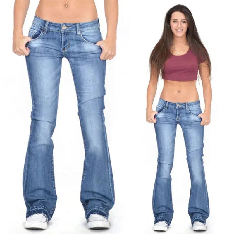 Damen Denim Low-Rise Flared Jeans mit lÃ¤ssigem Vintage-Look & Ausgestelltem Bein |