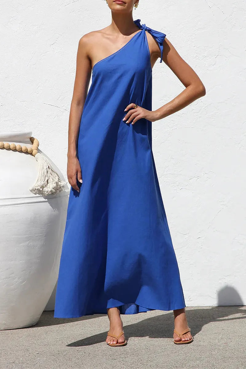 Casual Solid Color Lace Up Sloping Shoulder Irregular Dresses