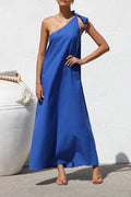 Casual Solid Color Lace Up Sloping Shoulder Irregular Dresses