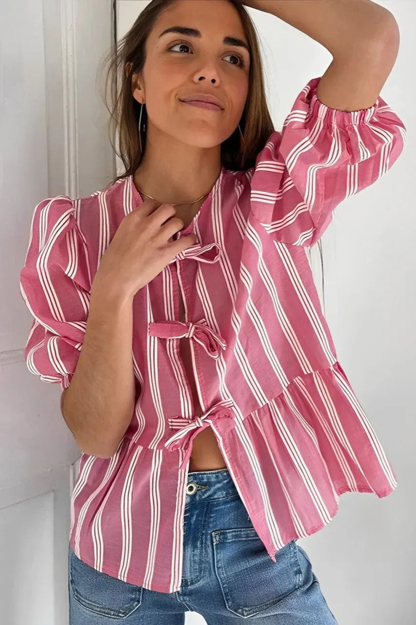 Rosa Gestreifte Bluse mit Schleifendetails
