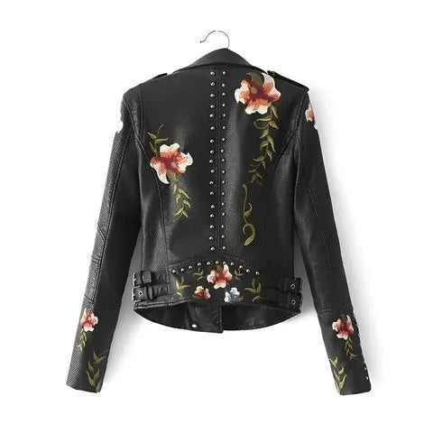Idaira - Læderjakke med blomsterbroderi