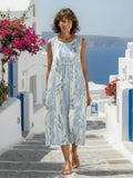 Solene | Sleeveless Blue Leaf Pattern Midi Dress