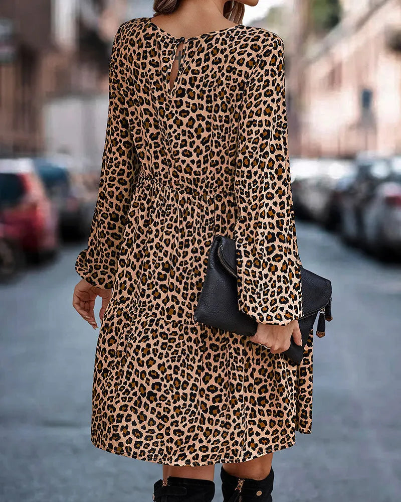 Bequemen Langarm Kleid mit Leopardenmuster