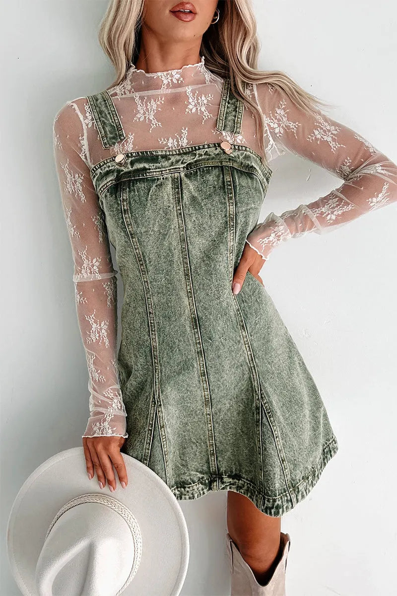 Casual Solid Color Distressed Buttons Square Neck Sleeveless Loose Denim Dresses