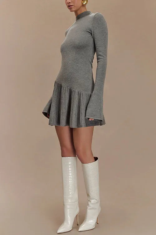 Mockneck Bell Sleeves Ruffle Mini Sweater Dress