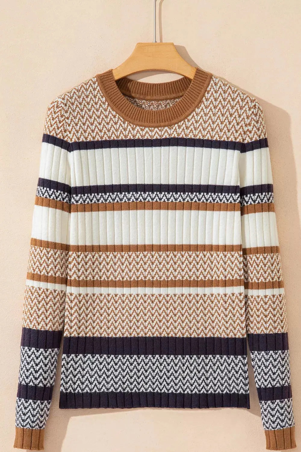 Stripe Stylish Pattern Knitted Ribbed Trim Slim Sweater
