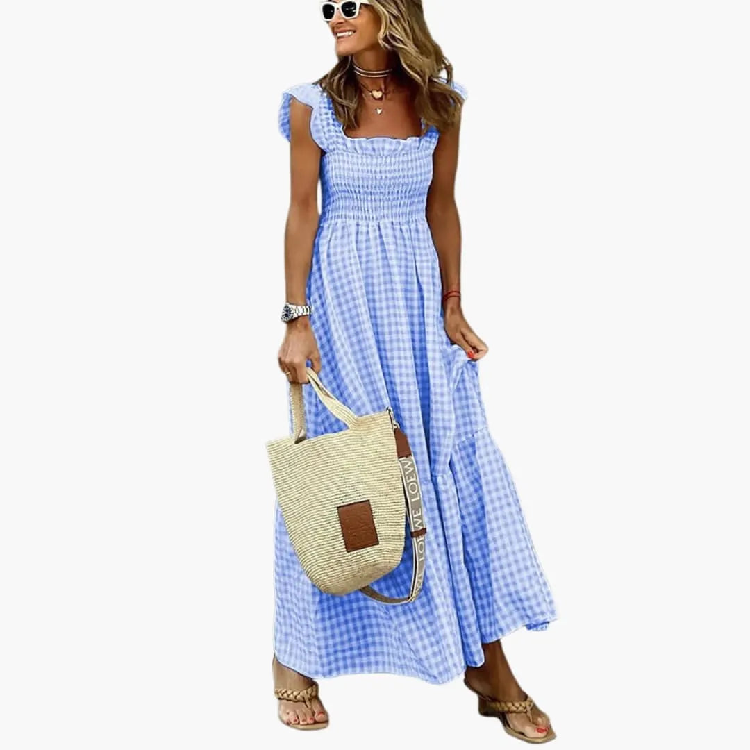 Womenâ€™s Maxi Dress with Square Neckline and Tiered Skirt