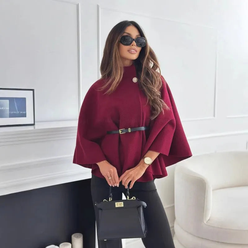 Dames Cape Coat Met Hoge Hals & Ceintuur – Chique & Flatterend