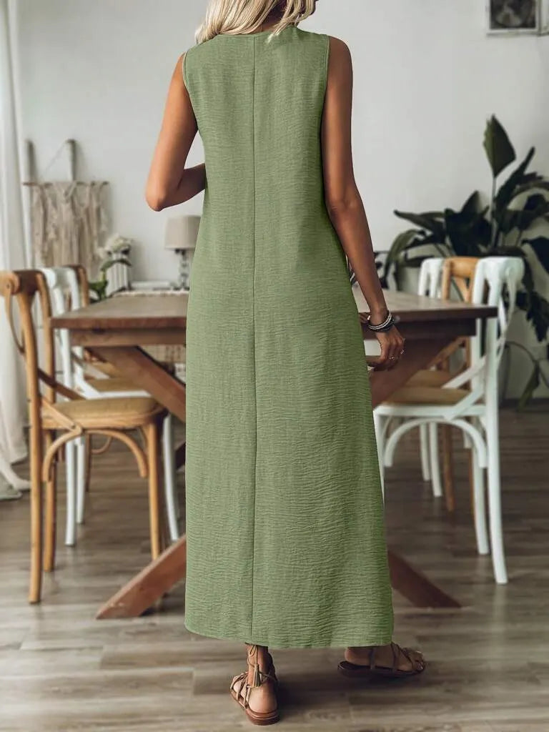 Vestido Longo Mangas com Decote Entalhado Verde