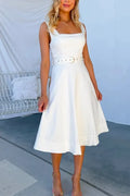 Vintage Square Collar Belted Sleeveless A-line Midi Dress