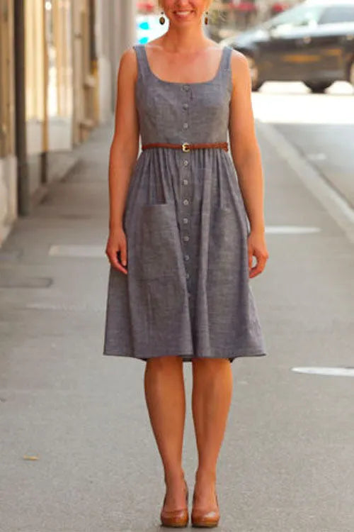 U Neck Button Down Tank Dress with Pockets