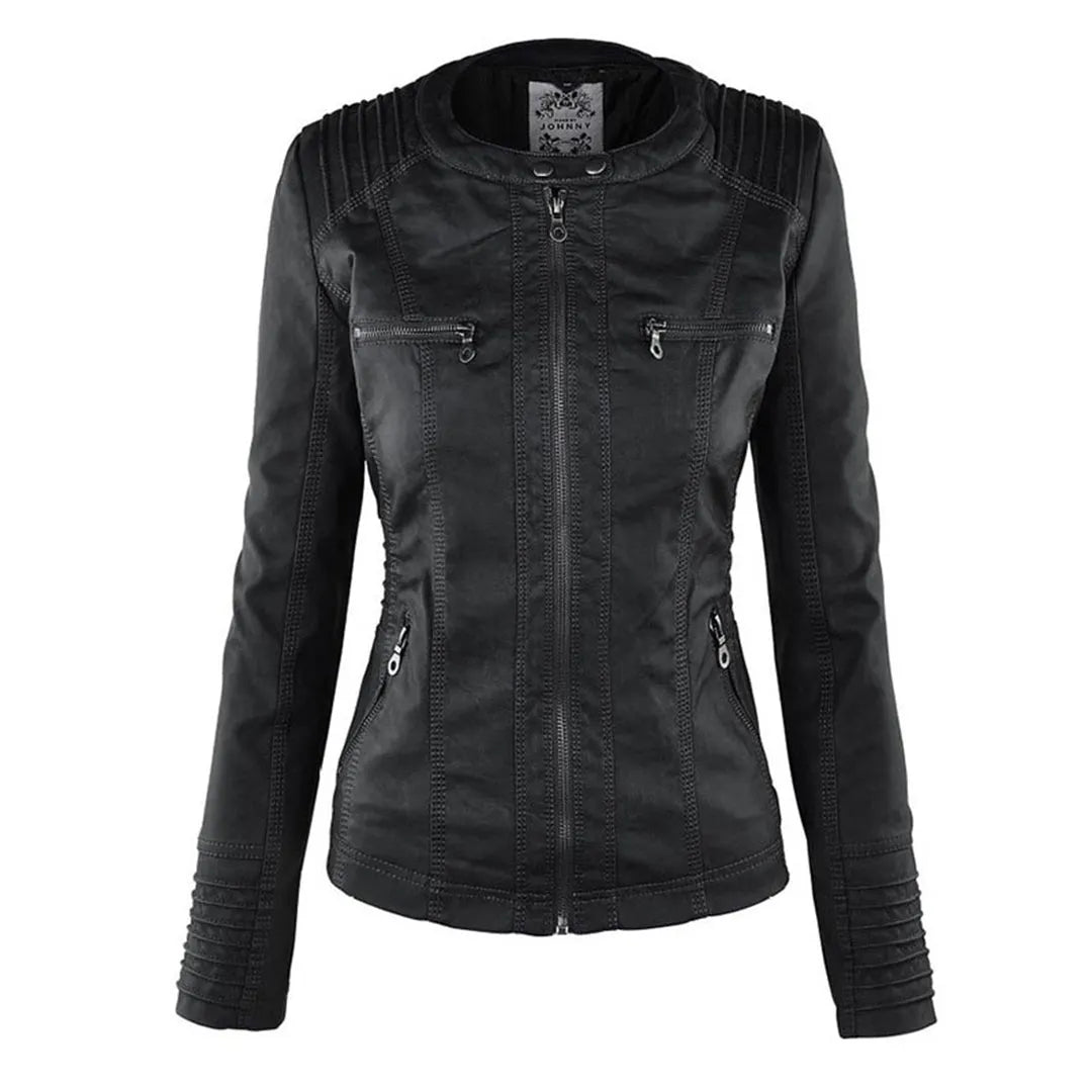 - Damen Lederjacke mit Kapuze