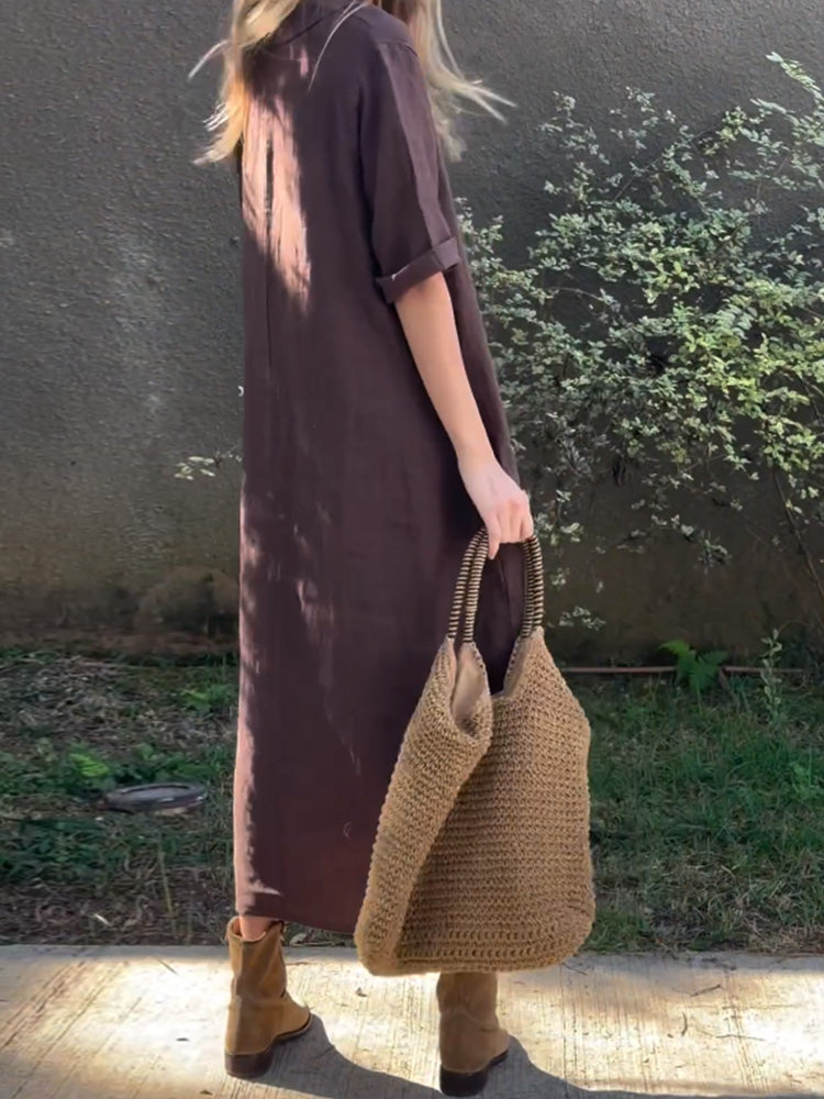 Women's casual solid color cotton and linen dress