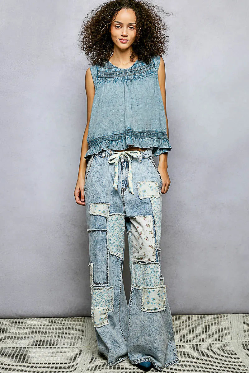 POL Button Closure on Back Ruffled Sleeveless Cotton Blouse with Trim Detail