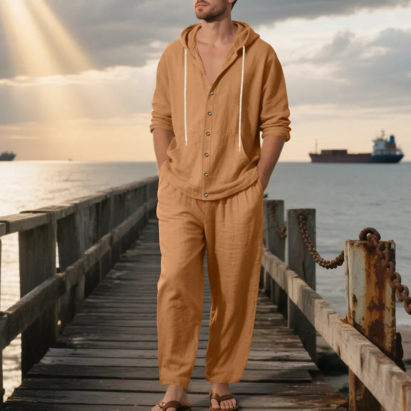 Herren nan legeres Leinen-Baumwoll-Ensemble mit Kapuzen-Oberteil und durchgehender Knopfleiste, Kängurutasche und knöchellanger weiter Hose