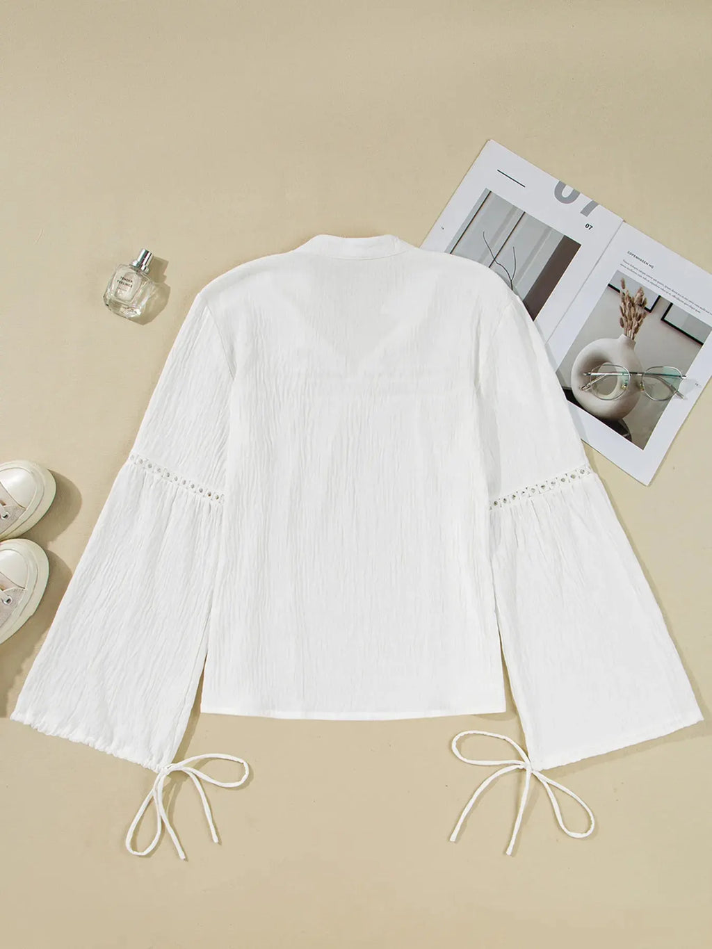 Drawstring Puff Sleeve Tie Neck Blouse