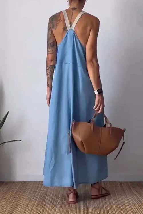 Color Block Casual Cotton Linen Maxi Beach Dress