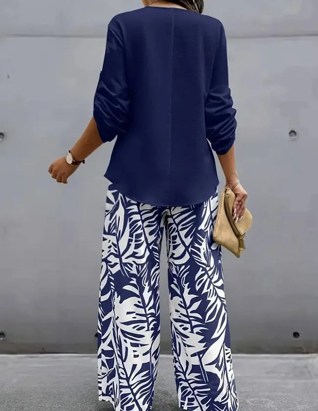 V-neck top and printed pants set