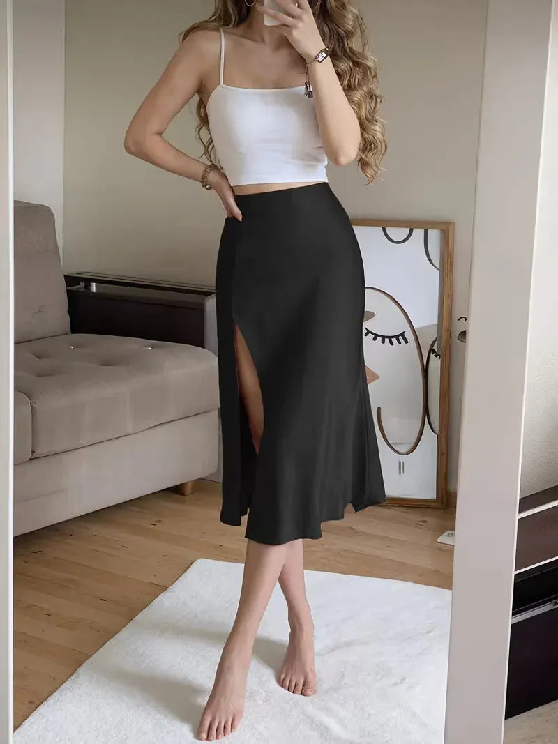 Satin Skirt for Women with High Split and Knot Details